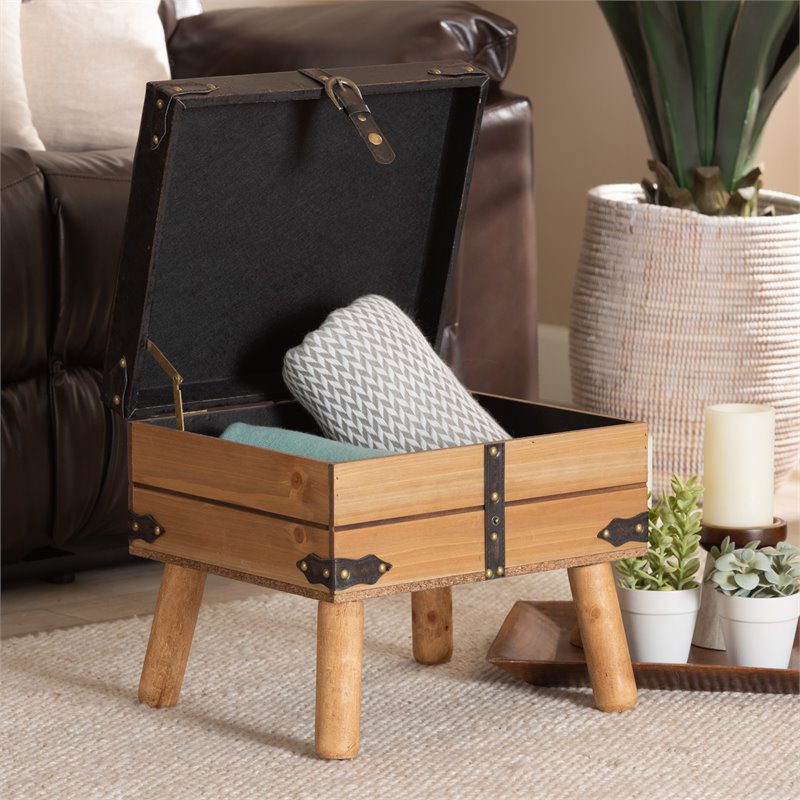 Bowery Hill Dark Brown and Oak Finished Wood Small Storage Ottoman