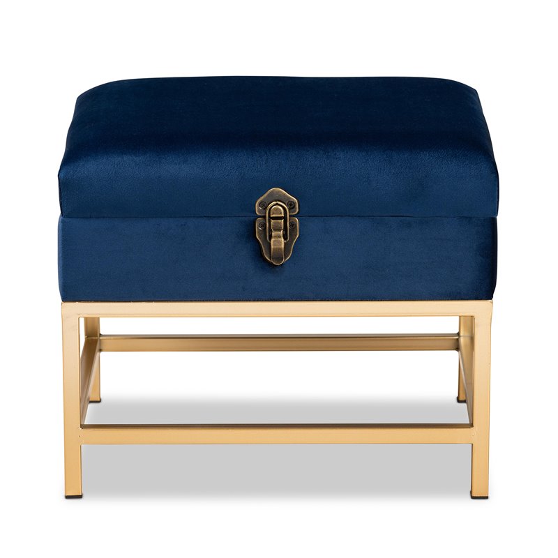 Bowery Hill Navy Blue Fabric and Gold Finished Metal Ottoman