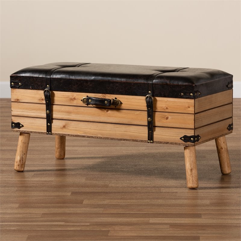 Bowery Hill Dark Brown and Oak Finished Wood Large Storage Ottoman