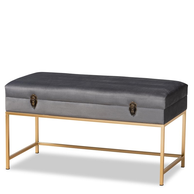 Bowery Hill Velvet Fabric and Gold Finished Metal Large Ottoman