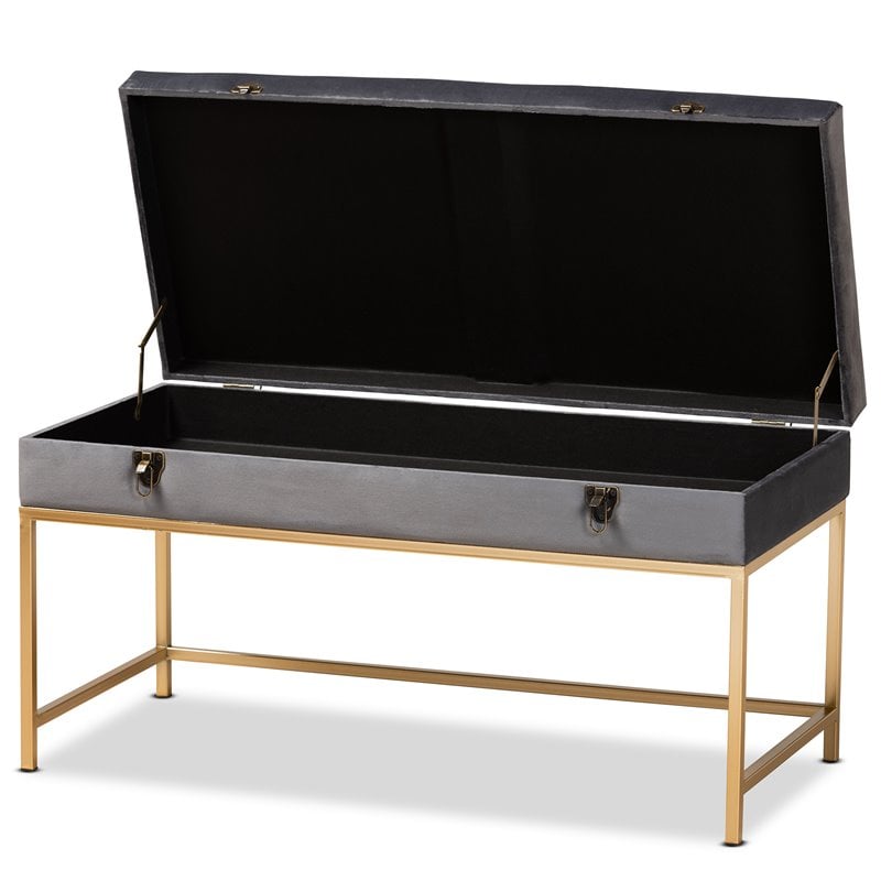 Bowery Hill Velvet Fabric and Gold Finished Metal Large Ottoman