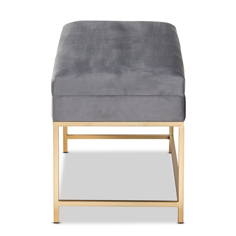 Bowery Hill Velvet Fabric and Gold Finished Metal Large Ottoman