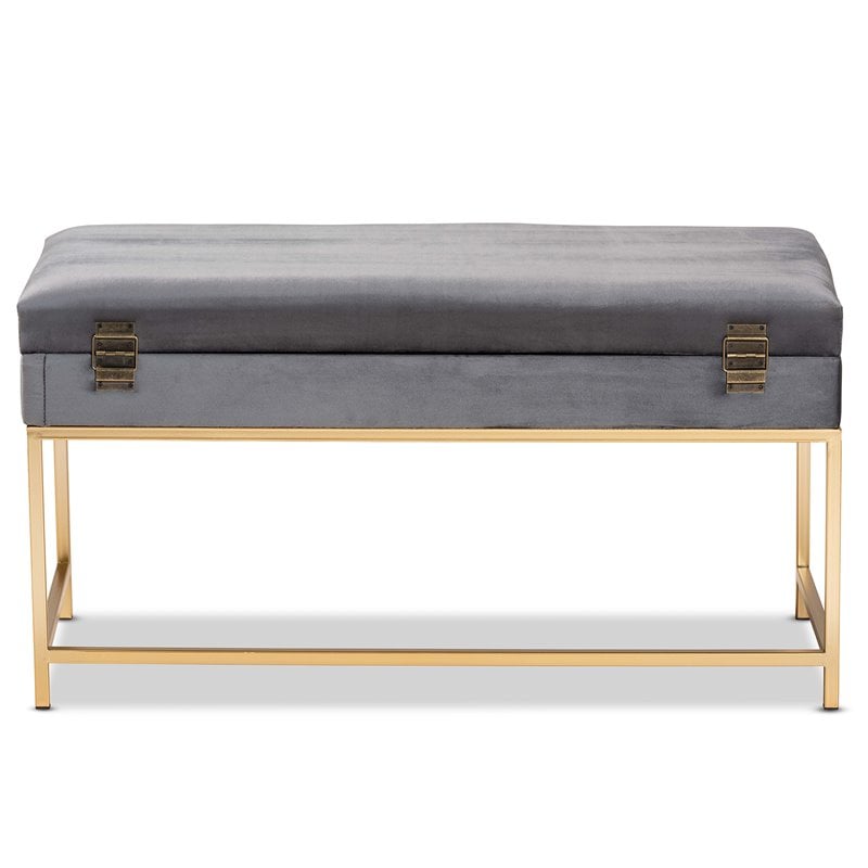 Bowery Hill Velvet Fabric and Gold Finished Metal Large Ottoman