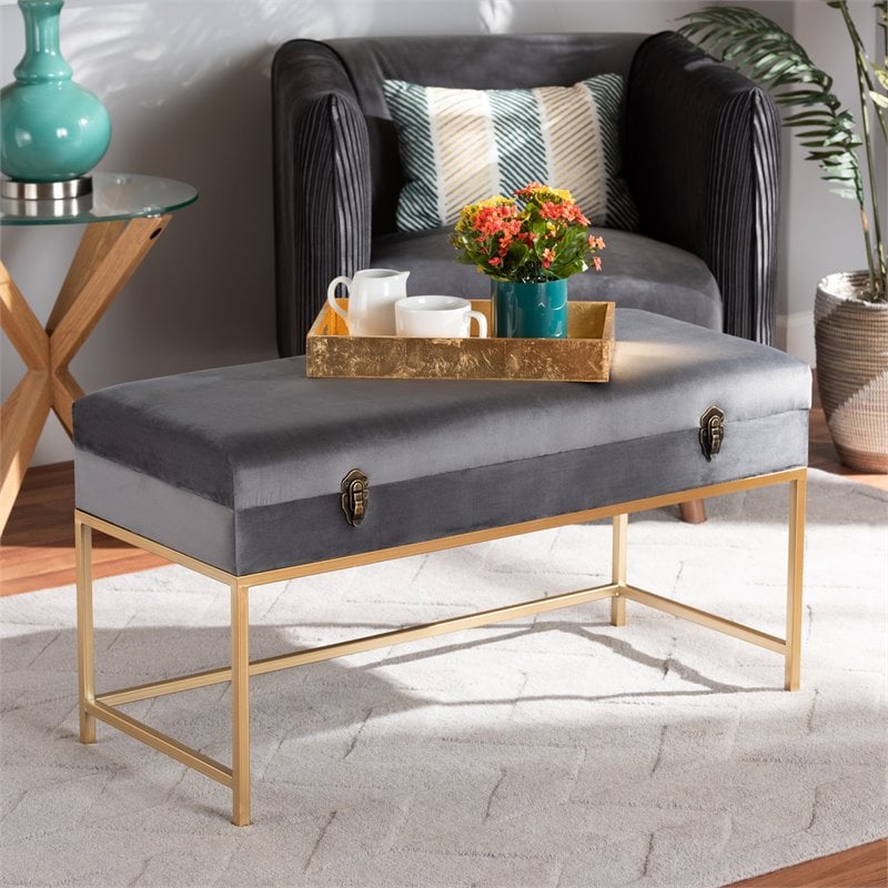 Bowery Hill Velvet Fabric and Gold Finished Metal Large Ottoman