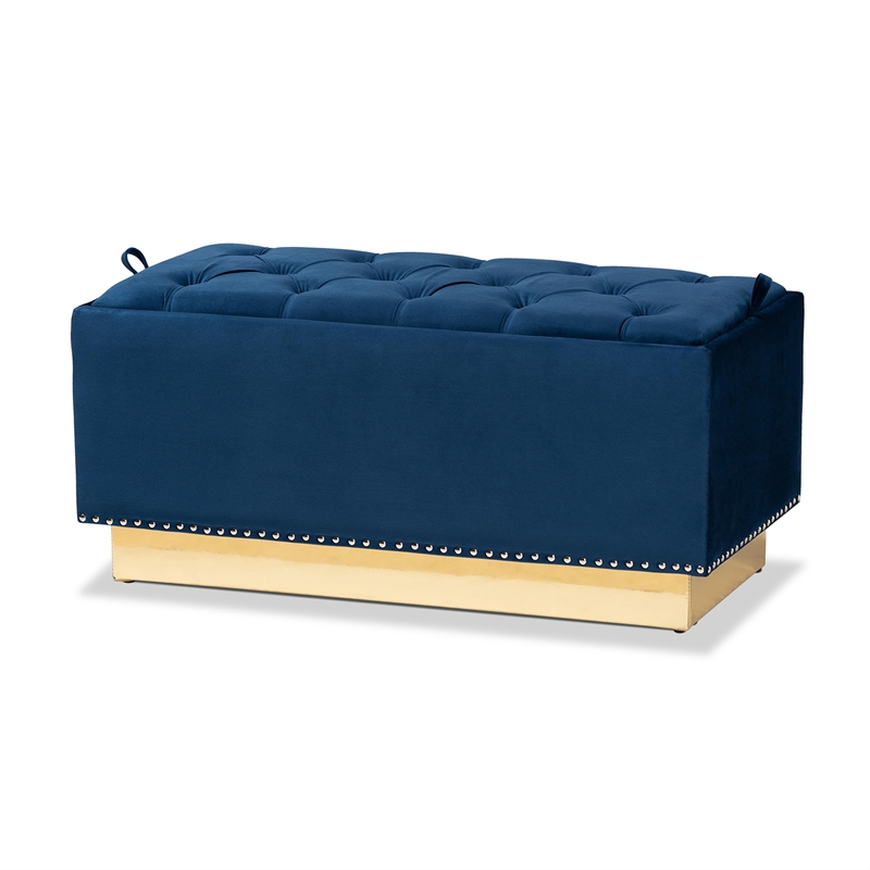Bowery Hill Navy Blue Velvet Fabric Upholstered and Gold PU Leather Ottoman