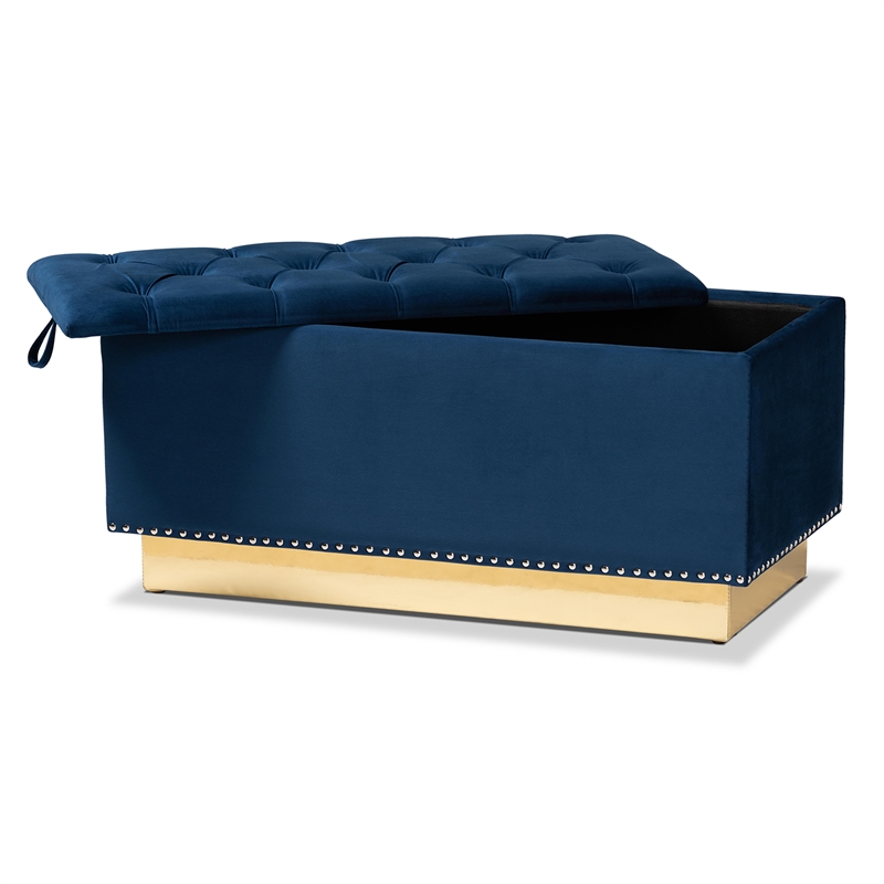 Bowery Hill Navy Blue Velvet Fabric Upholstered and Gold PU Leather Ottoman
