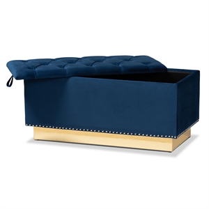 Bowery Hill Navy Blue Velvet Fabric Upholstered and Gold PU Leather Ottoman