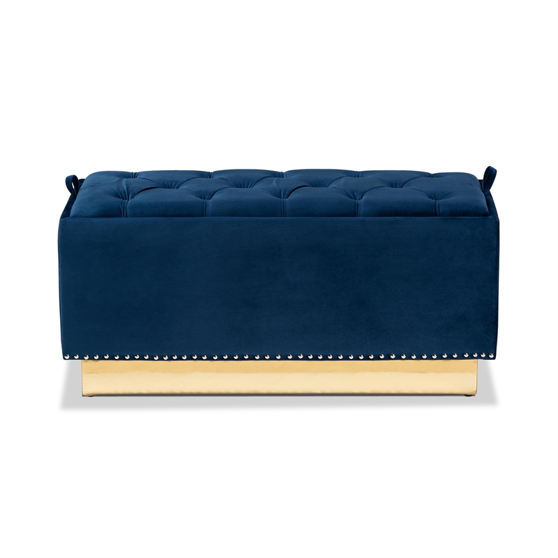 Bowery Hill Navy Blue Velvet Fabric Upholstered and Gold PU Leather Ottoman