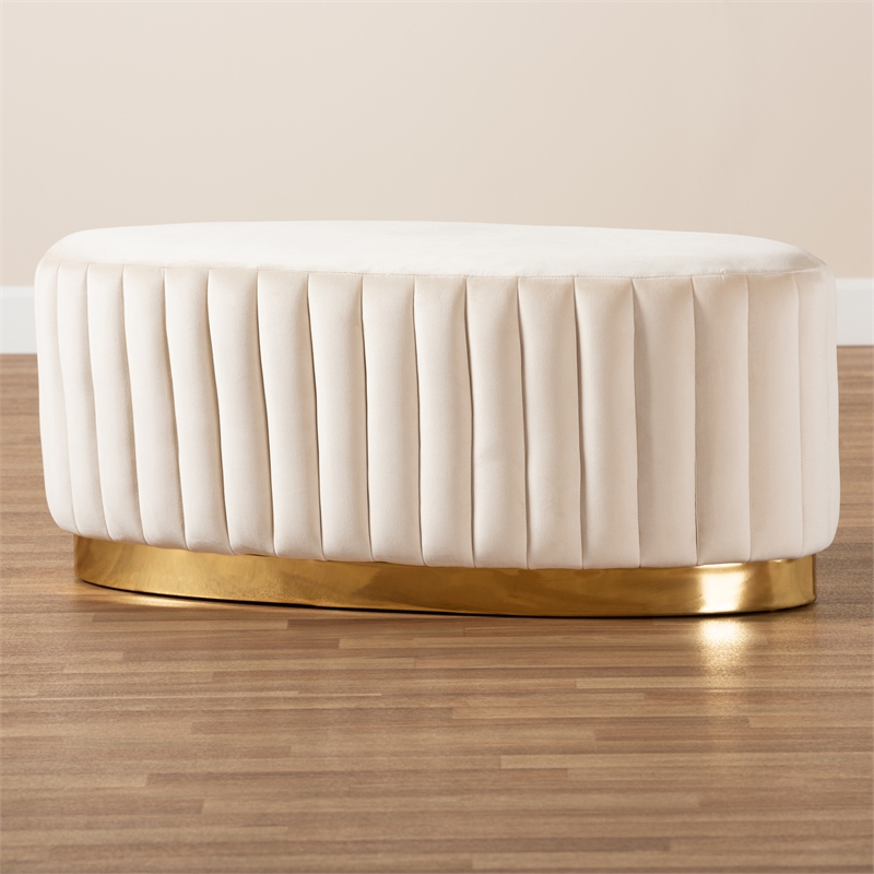 Bowery Hill White Velvet Fabric Upholstered and Gold PU Leather Ottoman
