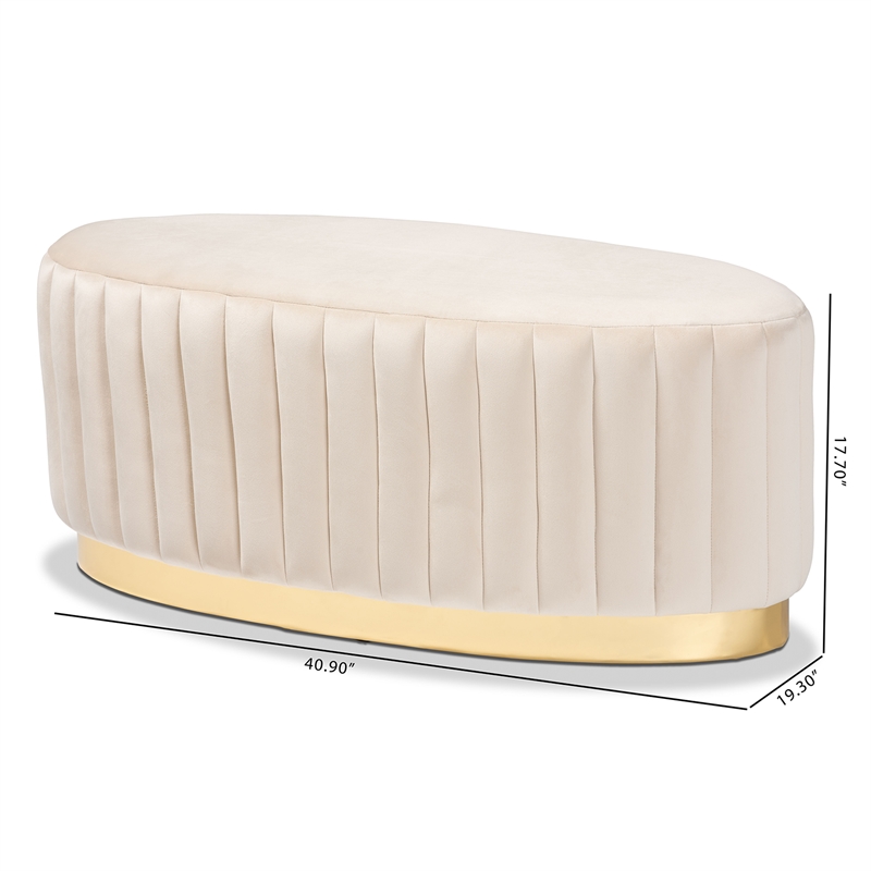 Bowery Hill White Velvet Fabric Upholstered and Gold PU Leather Ottoman