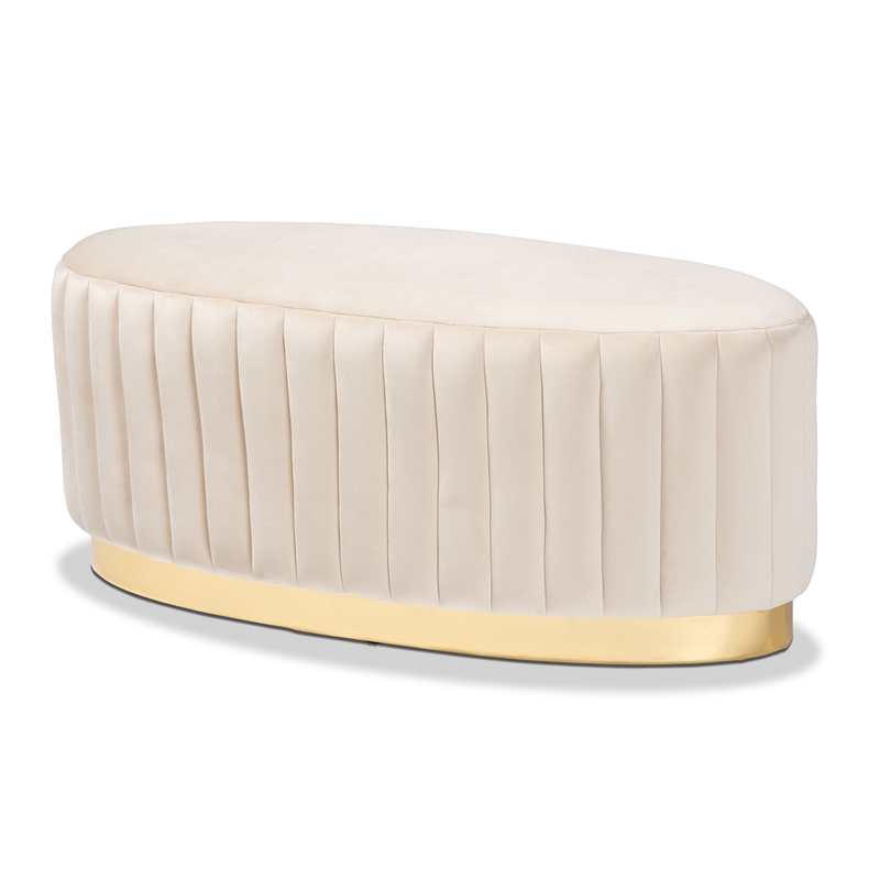Bowery Hill White Velvet Fabric Upholstered and Gold PU Leather Ottoman