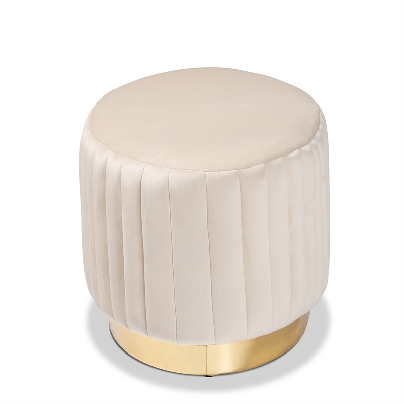 Bowery Hill White Velvet Fabric Upholstered and Gold PU Leather Ottoman