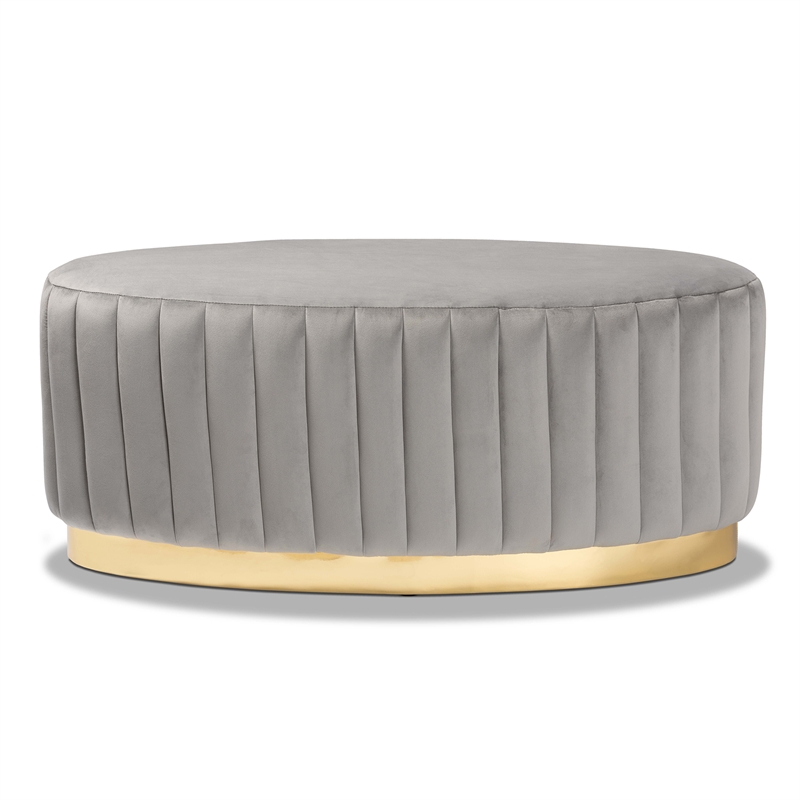 Bowery Hill Velvet Fabric Upholstered and Gold PU Leather Ottoman