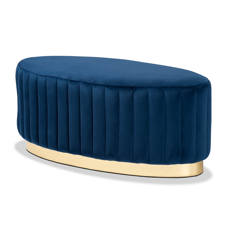 Bowery Hill Navy Blue Velvet Fabric Upholstered and Gold PU Ottoman