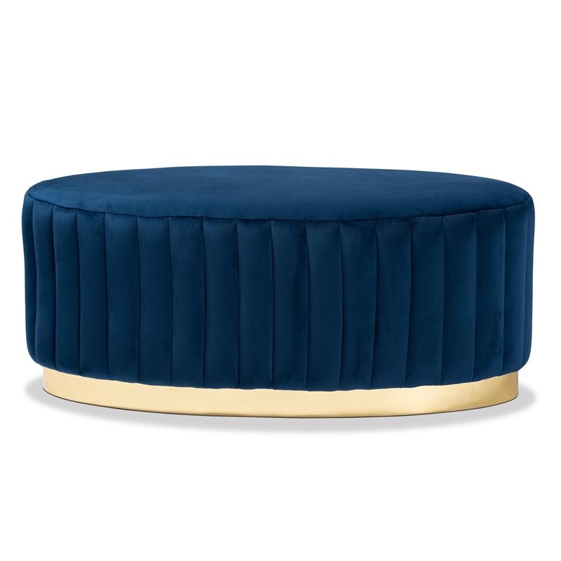 Bowery Hill Navy Blue Velvet Fabric Upholstered and Gold PU Ottoman