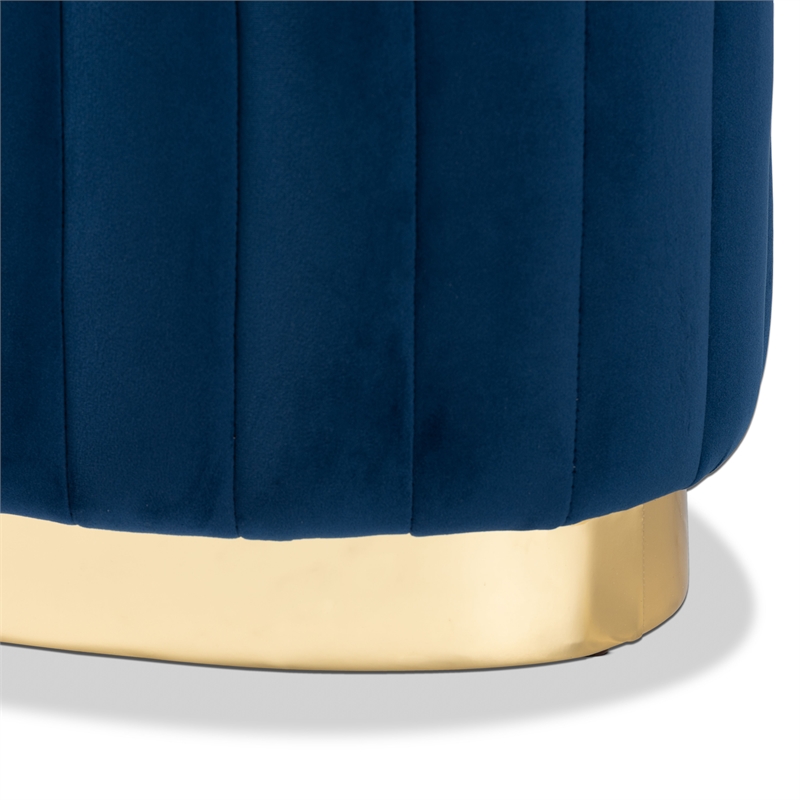 Bowery Hill Navy Blue Velvet Fabric Upholstered and Gold PU Ottoman