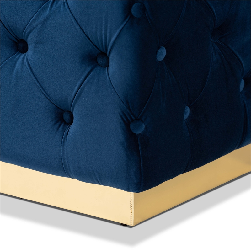 Bowery Hill Navy Blue Velvet Fabric Upholstered and Gold PU Ottoman
