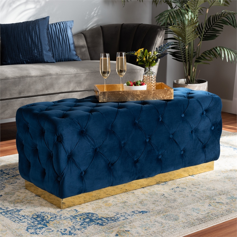 Bowery Hill Navy Blue Velvet Fabric Upholstered and Gold PU Ottoman
