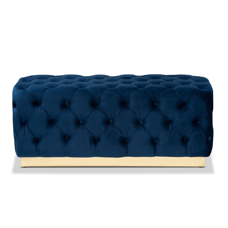 Bowery Hill Navy Blue Velvet Fabric Upholstered and Gold PU Ottoman