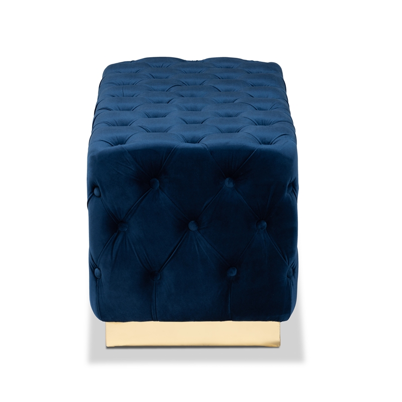 Bowery Hill Navy Blue Velvet Fabric Upholstered and Gold PU Ottoman