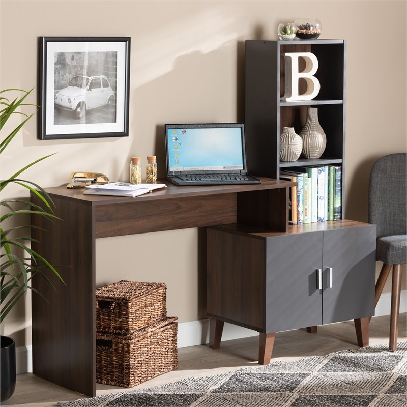 Bowery Hill Modern Engineered Wood Desk in Walnut Brown/Dark Gray