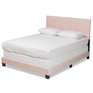 Bowery Hill Modern Velvet Fabric Upholstered Queen Size Panel Bed in Light Pink