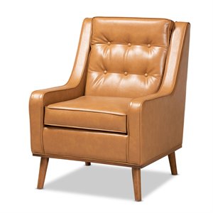bowery hill tan faux leather walnut brown finished wood lounge armchair