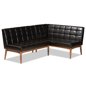 Bowery Hill Faux Leather Walnut Brown Dining Nook Banquette Set Biscuit Tufted 74.4&quot Unassembled