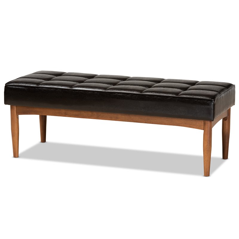 Bowery Hill Wood Dining Bench in Faux Leather Brown Finish