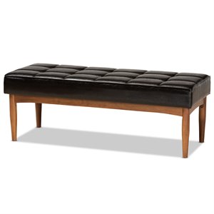 Bowery Hill Wood Dining Bench in Faux Leather Brown Finish