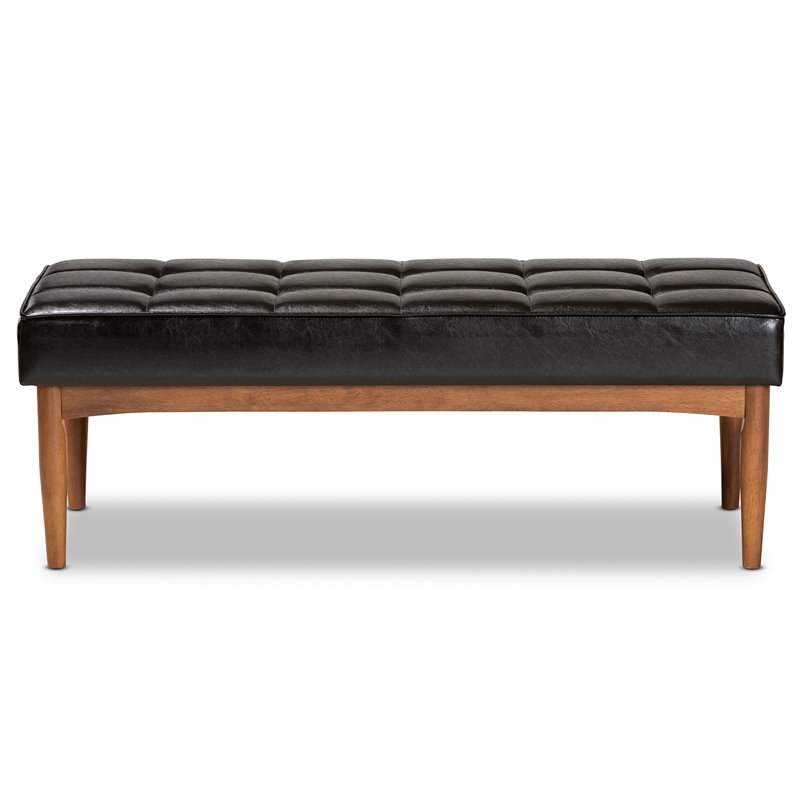 Bowery Hill Wood Dining Bench in Faux Leather Brown Finish