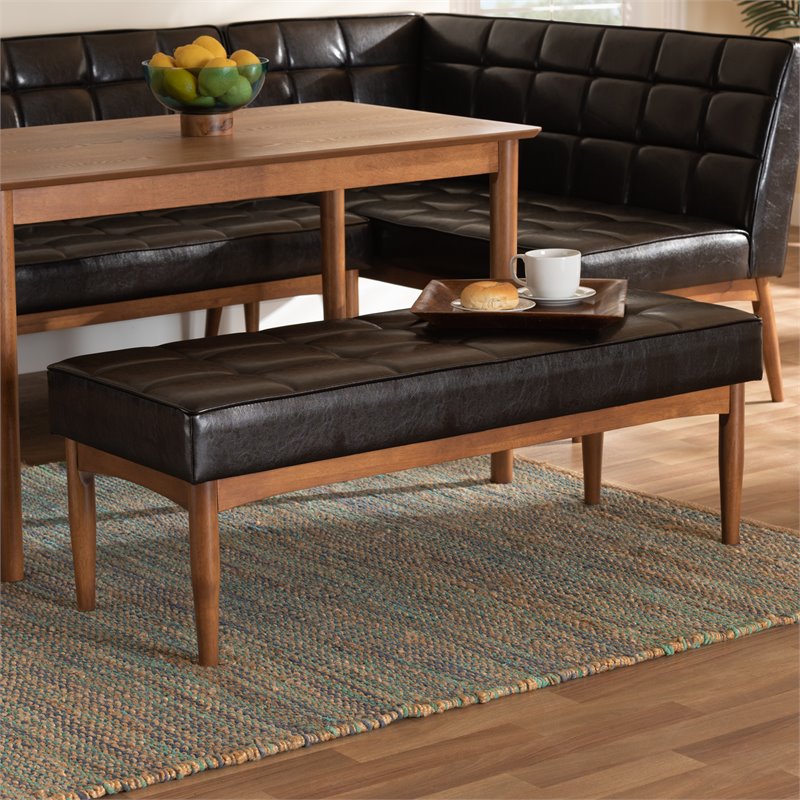 Bowery Hill Wood Dining Bench in Faux Leather Brown Finish