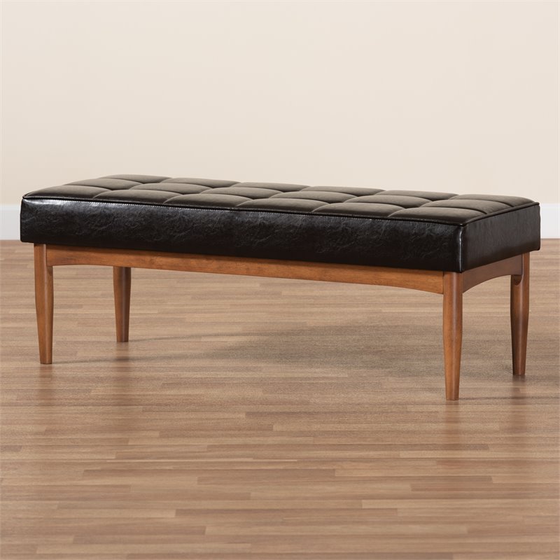 Bowery Hill Wood Dining Bench in Faux Leather Brown Finish
