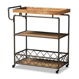 bowery hill brown finished wood and black metal 3-tier mobile kitchen cart