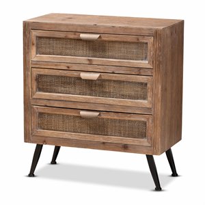 bowery hill brown finished wood and rattan 3-drawer storage cabinet