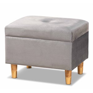 Bowery Hill Grey Velvet and Brown Finished Wood Storage Ottoman