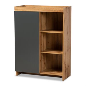 bowery hill modern two-tone grey and oak brown finished wood shoe cabinet