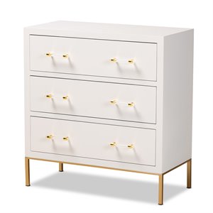 bowery hill white wood and gold finished metal 3-drawer storage cabinet
