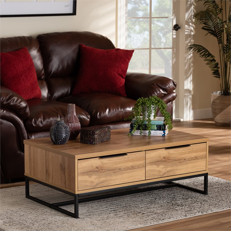 Bowery Hill Oak Brown and Black 2-Drawer Coffee Table