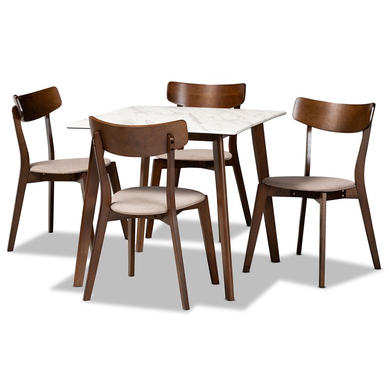 Bowery Hill Brown Wood 5-Piece Dining Set with Faux Marble Dining Table