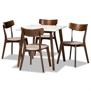 bowery hill brown wood 5-piece dining set with faux marble dining table