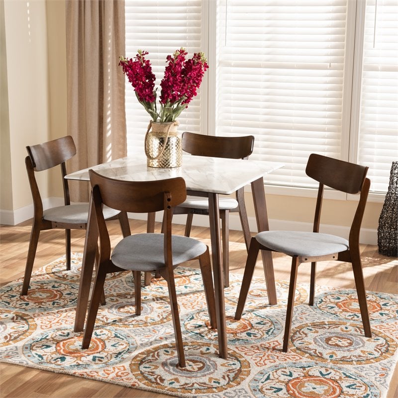 Bowery Hill Brown Wood 5-Piece Dining Set with Faux Marble Dining Table