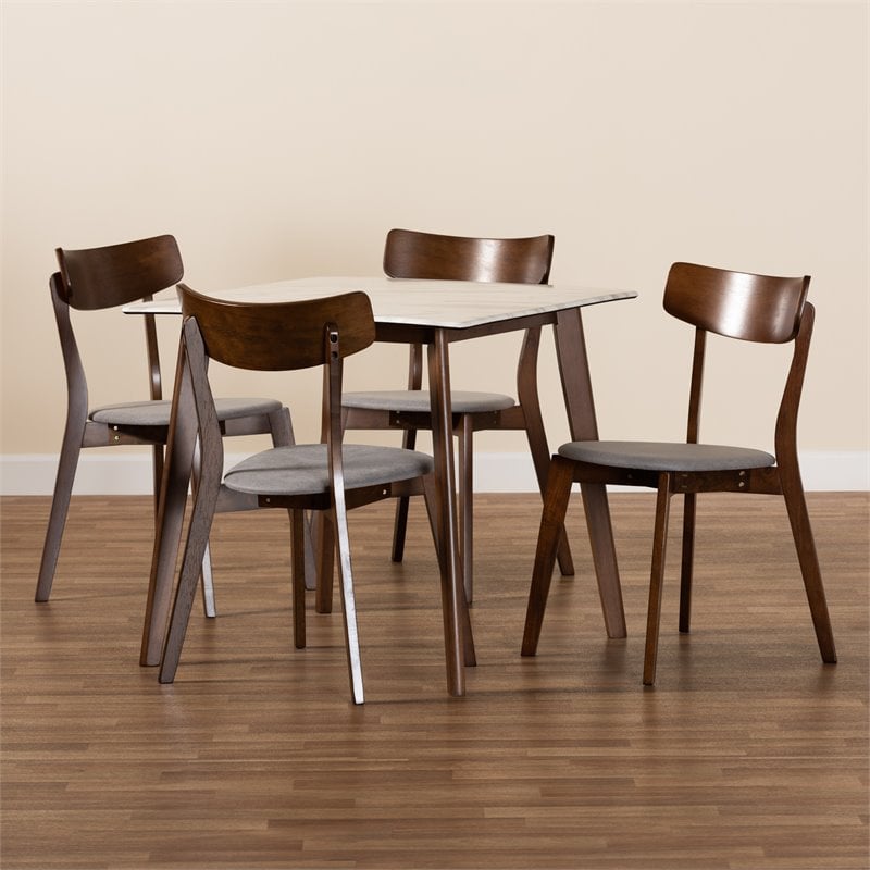 Bowery Hill Brown Wood 5-Piece Dining Set with Faux Marble Dining Table