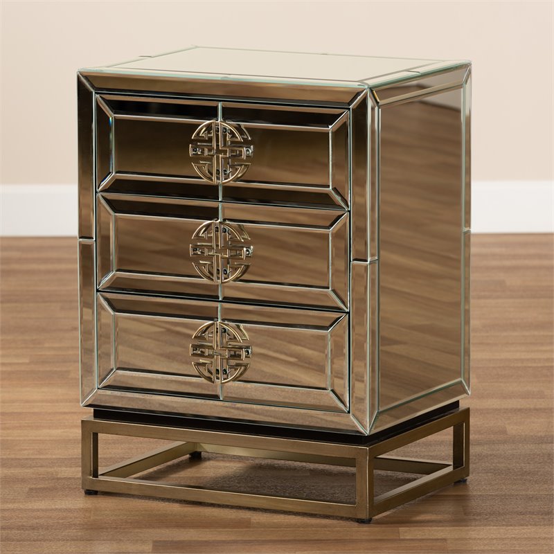 Bowery Hill Mirrored and Bronze Finished 3-Drawer Nightstand