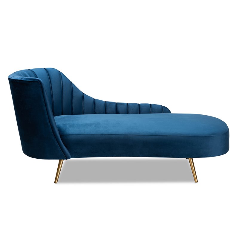 Bowery Hill Blue Velvet Upholstered and Gold Finished Chaise