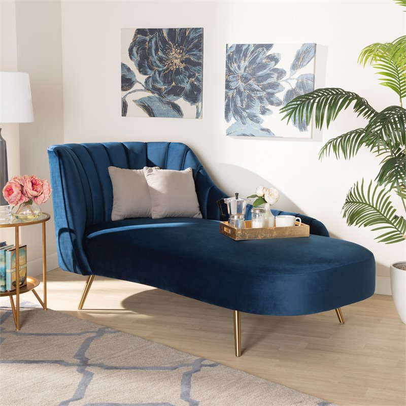 Bowery Hill Blue Velvet Upholstered and Gold Finished Chaise