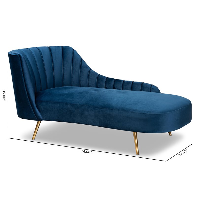 Bowery Hill Blue Velvet Upholstered and Gold Finished Chaise