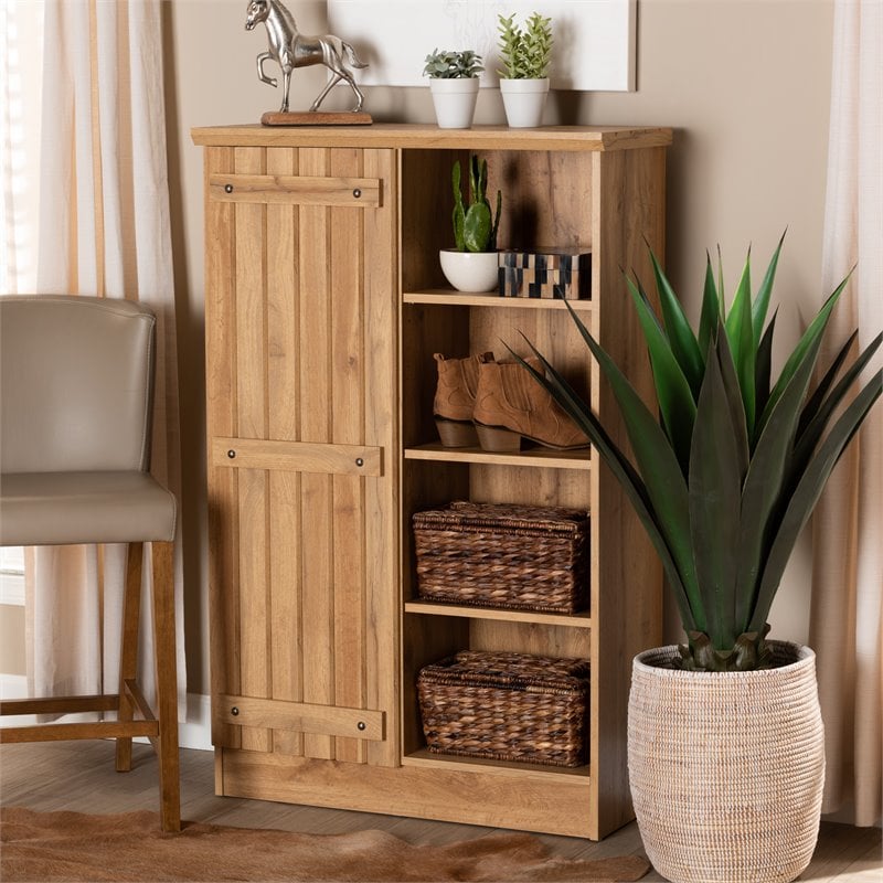 Bowery Hill Modern Natural Oak Brown Finished Wood 1-Door Shoe Cabinet