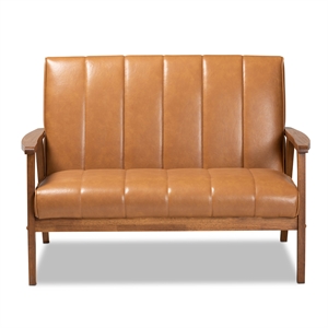 bowery hill leather upholstered and brown finished wood loveseat