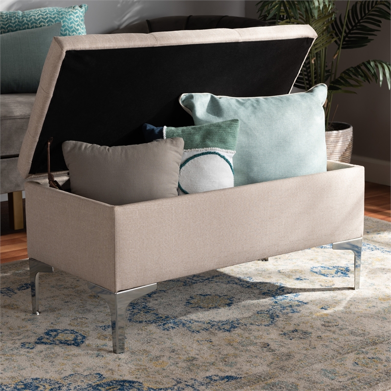 Bowery Hill Upholstered and Silver Finished Metal Storage Ottoman